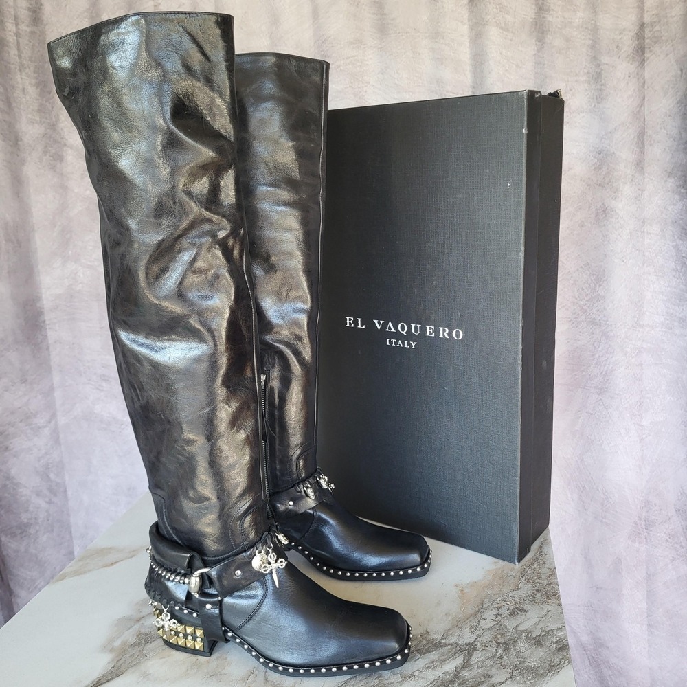 El Vaquero Tatiana Boots Womens Size 6.5 Black Leather Studded Over The Knee